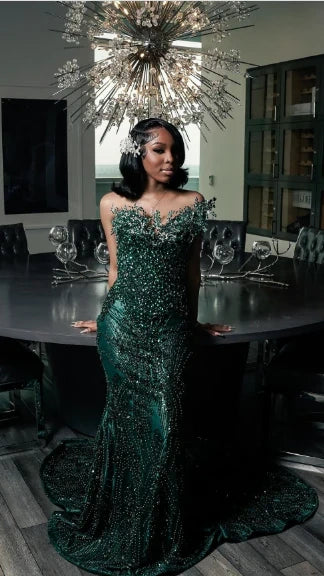 Luxury One Shoulder Satin Beaded Evening Dress Emerald Green Mermaid Prom Dress,AST2290