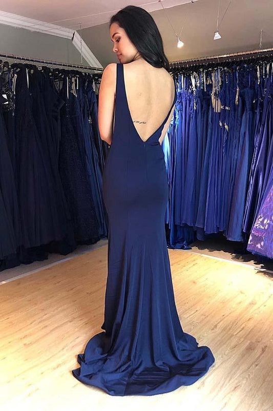 Mermaid Bateau Backless Sweep Train Navy Blue Prom Dress  PG979