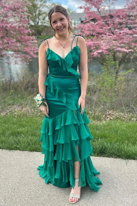 Green V-Neck Ruffled Long Prom Dress Mermaid Formal Gala Dresses