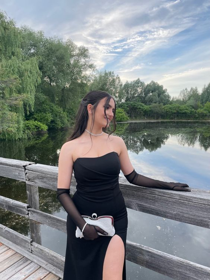 Charming Black Strapless Sheath Long Prom Dress with High Slit