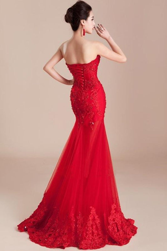 Mermaid Sweetheart Appliques Beading Red Long Prom Dress PG321