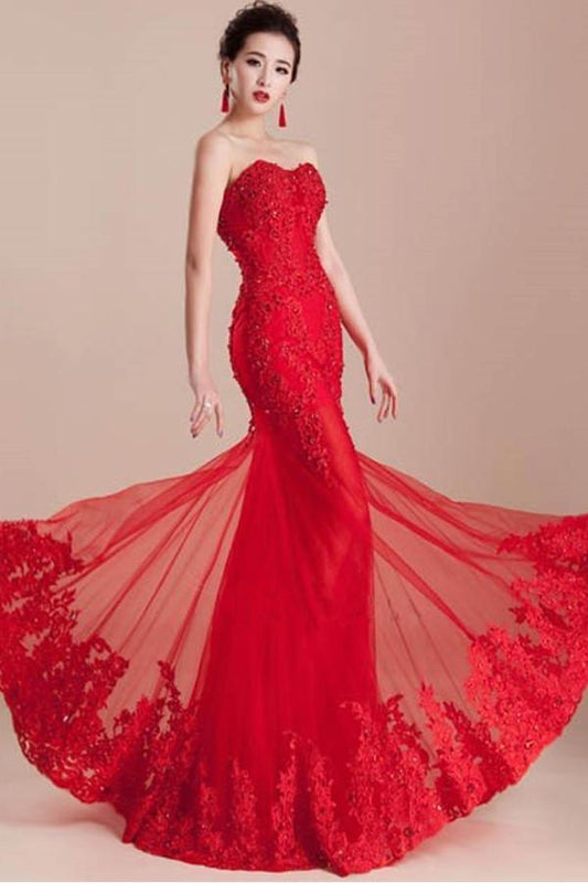 Mermaid Sweetheart Appliques Beading Red Long Prom Dress PG321