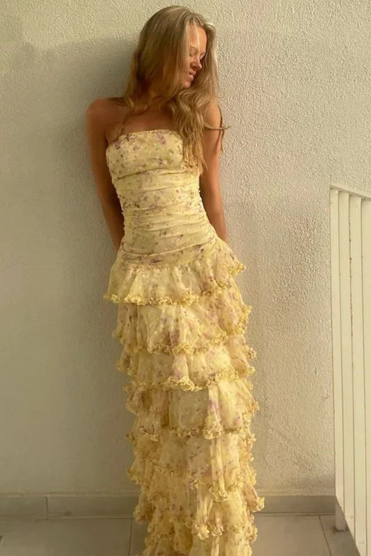 Modest Sheath Strapless Yellow Chiffon Floral Long Prom Dresses Party Dress 22Th Birthday Outfits Graduation Dress,AST2289