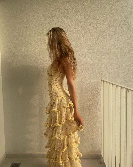 Modest Sheath Strapless Yellow Chiffon Floral Long Prom Dresses Party Dress 22Th Birthday Outfits Graduation Dress,AST2289