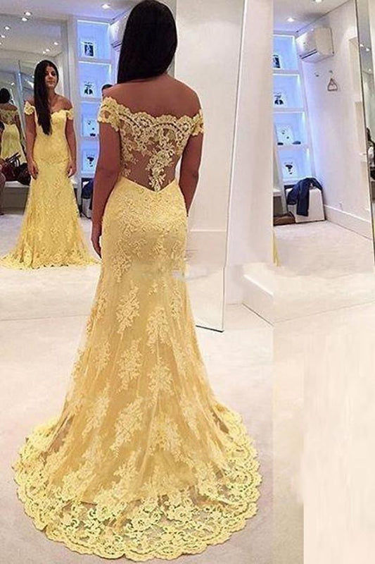 Off Shoulder Mermaid  Lace Court Train Yellow Prom Dress PG330