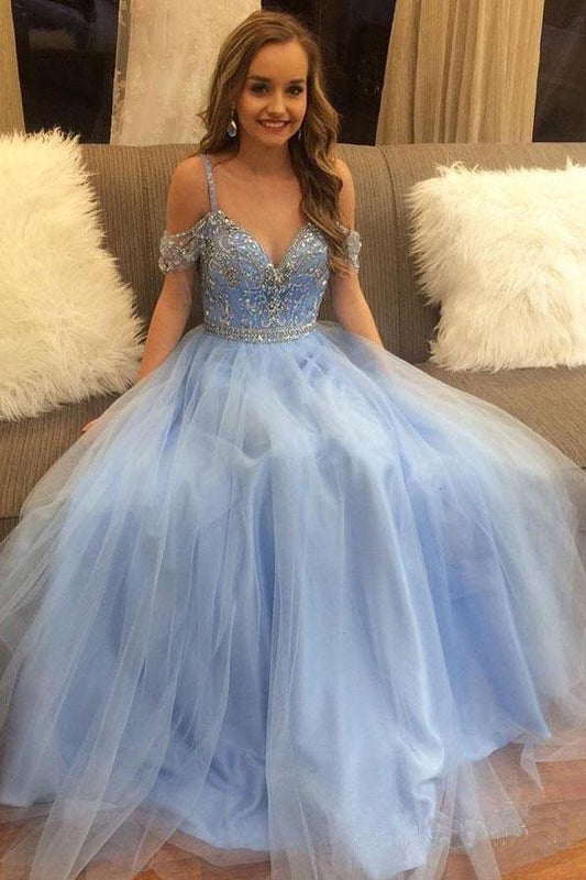Off Shoulder Sky Blue Beaded Tulle Prom Dress Long Formal Dress  PG963