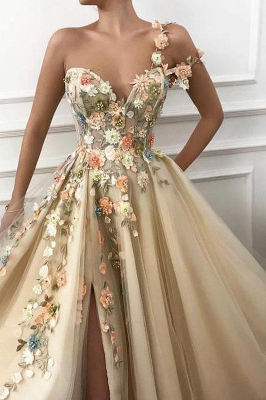 One Shoulder Sweetheart Tulle 3D FLower Prom Dress With Split PG947
