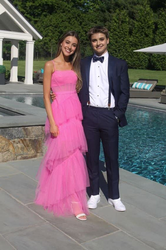 Liymcdress Dress Wholesale Hot Pink Layered Ruffles Evening Gown A Line Tulle Long Prom Dress