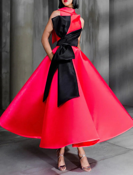 Liymcdress Ball Gown Color Black Celebrity Style Elegant Prom Formal Evening Birthday Dress Red Dress High Neck Sleeveless Ankle Length Satin with Bow(s)