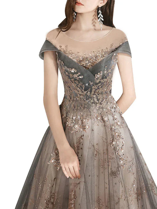 A-Line Bridesmaid Dress Jewel Neck Short Sleeve Beautiful Back Floor Length Tulle with Crystals Bandage