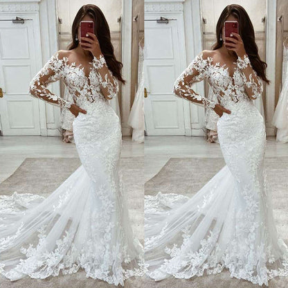 Elegant White Mermaid Appliques Long Wedding Dresses