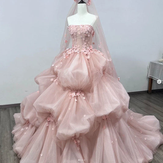 Pink Ruffle Quinceanera Dress 3D Floral Sweet Sleeveless 15 16 Party Ball Gown Prom Dress