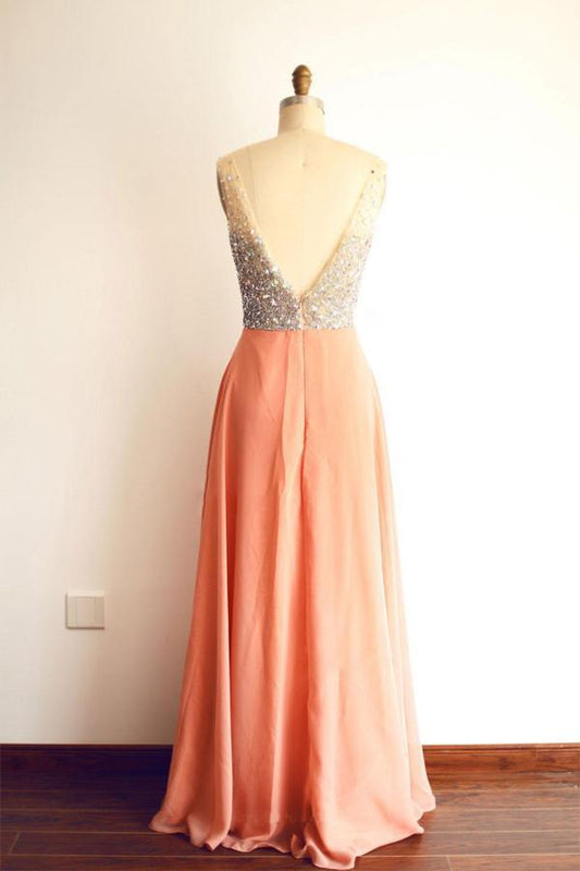 Sexy Crystal Beading Long Orange Chiffon Prom Dresses Bridesmaid Dress PG360