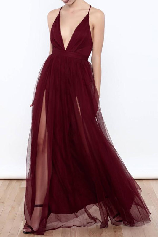 Sexy Deep V Neck High Slit Burgundy Prom Dress Evening Dress PG373