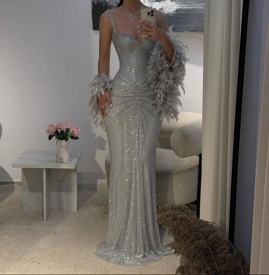 Sexy Mermaid Straps Silver Sequin Long Prom Dresses Party Dress 20Th Birthday Outfits Graduation Dresses