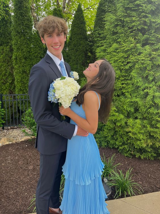 Elegant Blue Straps A-Line Pleated Long Prom Dress Party Gown