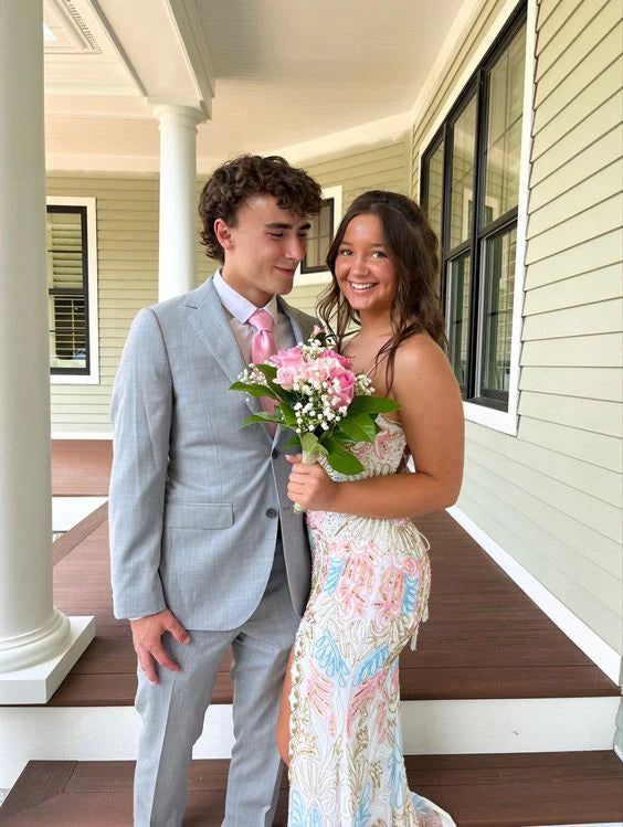 White Gorgeous Shiny Exquisite Beaded Spaghetti Strap Sequined Backless Long Chiffon Ball Gown Prom Dress Evening Gown Holiday Party Dress