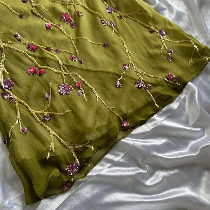 Yellow Green Gorgeous Exquisite Vintage Embroidered Spaghetti Strap Long Ball Gown Prom Dress Evening Gown