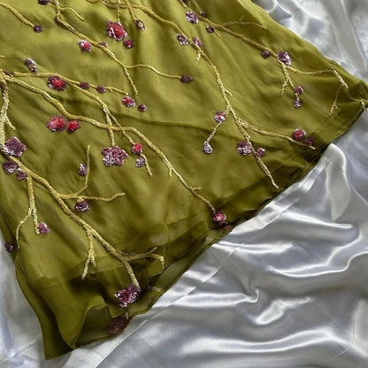 Yellow Green Gorgeous Exquisite Vintage Embroidered Spaghetti Strap Long Ball Gown Prom Dress Evening Gown