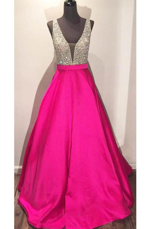 Floor-length Ball Gown Hot Pink Satin Prom Dress With Beading PG379