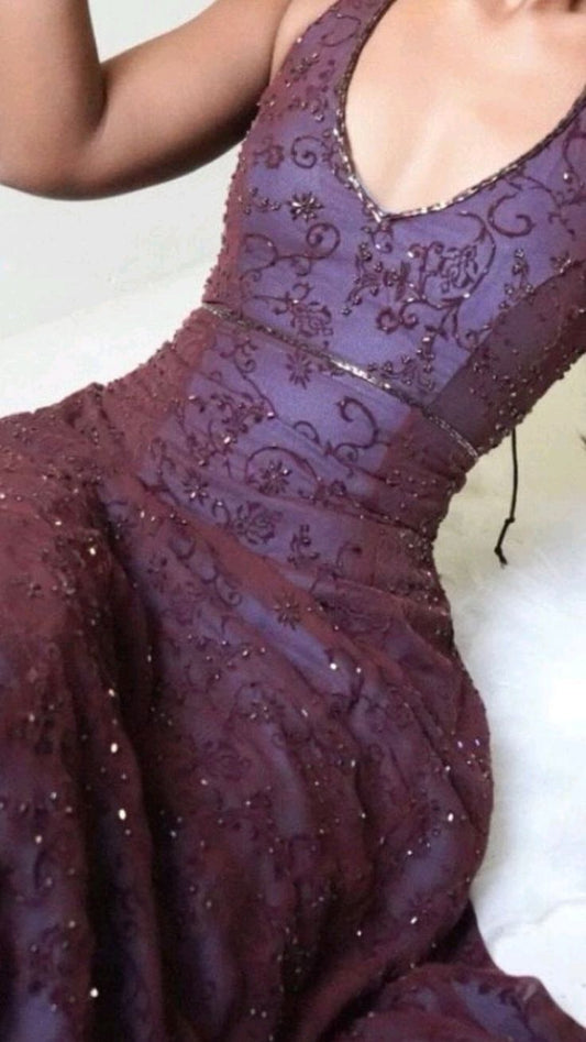 Vintage Mermaid Purple Lace Halter Prom Dresses Long Evening Party Dress Prom Gowns