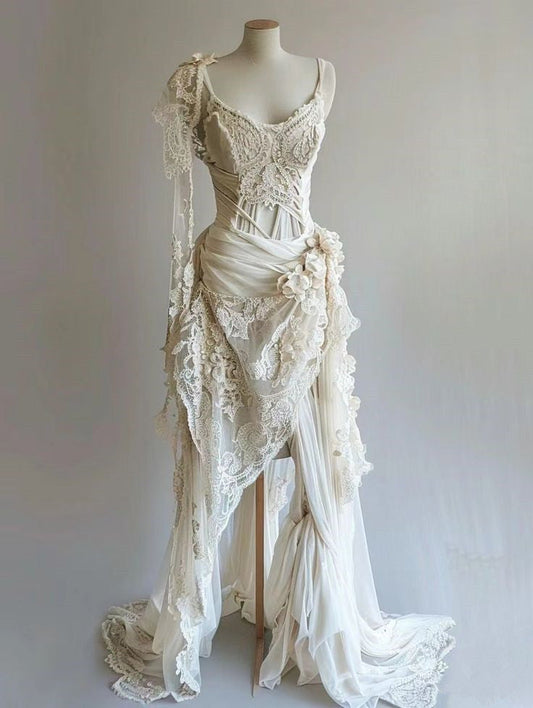 Vintage Unique Long Lace Prom Dress Wedding Dress Bridal Gown