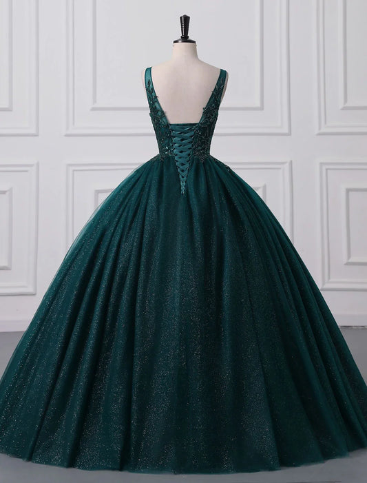 Liymcdress Ball Gown Prom Dresses Sparkle & Shine Dress Quinceanera Birthday Floor Length Sleeveless V Neck Tulle with Sequin Appliques