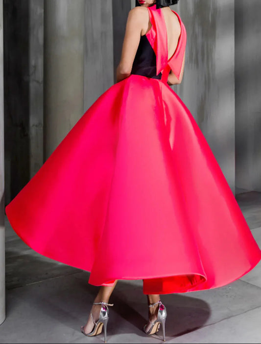 Liymcdress Ball Gown Color Black Celebrity Style Elegant Prom Formal Evening Birthday Dress Red Dress High Neck Sleeveless Ankle Length Satin with Bow(s)