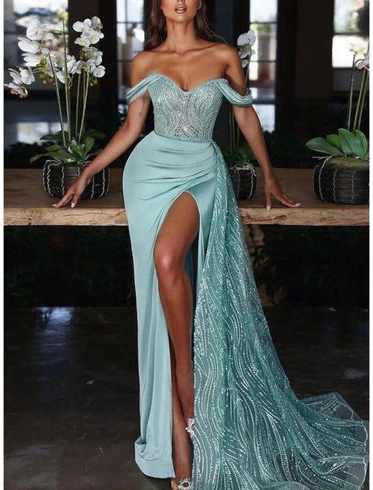 Liymcdress Mermaid Dress Evening Gown Red Green Dress Dress Formal Wedding Guest Court Train Sleeveless Off Shoulder Charmeuse with Ruched Sequin Slit