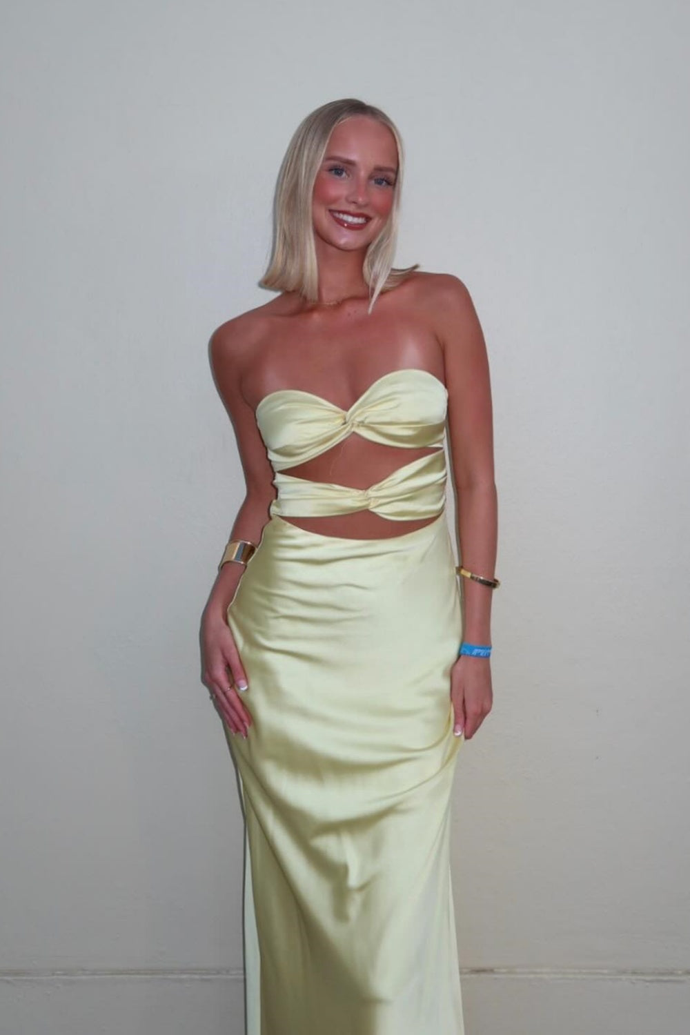 Strapless Yellow Double Twist Satin Long Dress