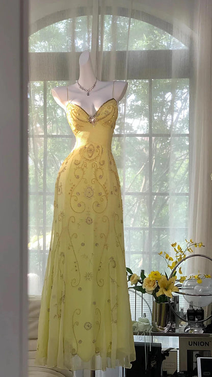 Unique Yellow Prom Dresses Long Beaded Open Back Prom Outfit